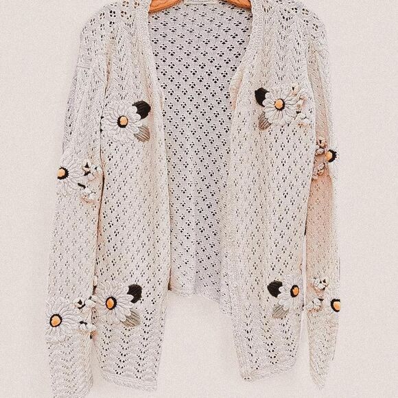 Cottage core vintage daisy flower child cream crotchet knit 3d daisy cardigan S - Picture 1 of 8